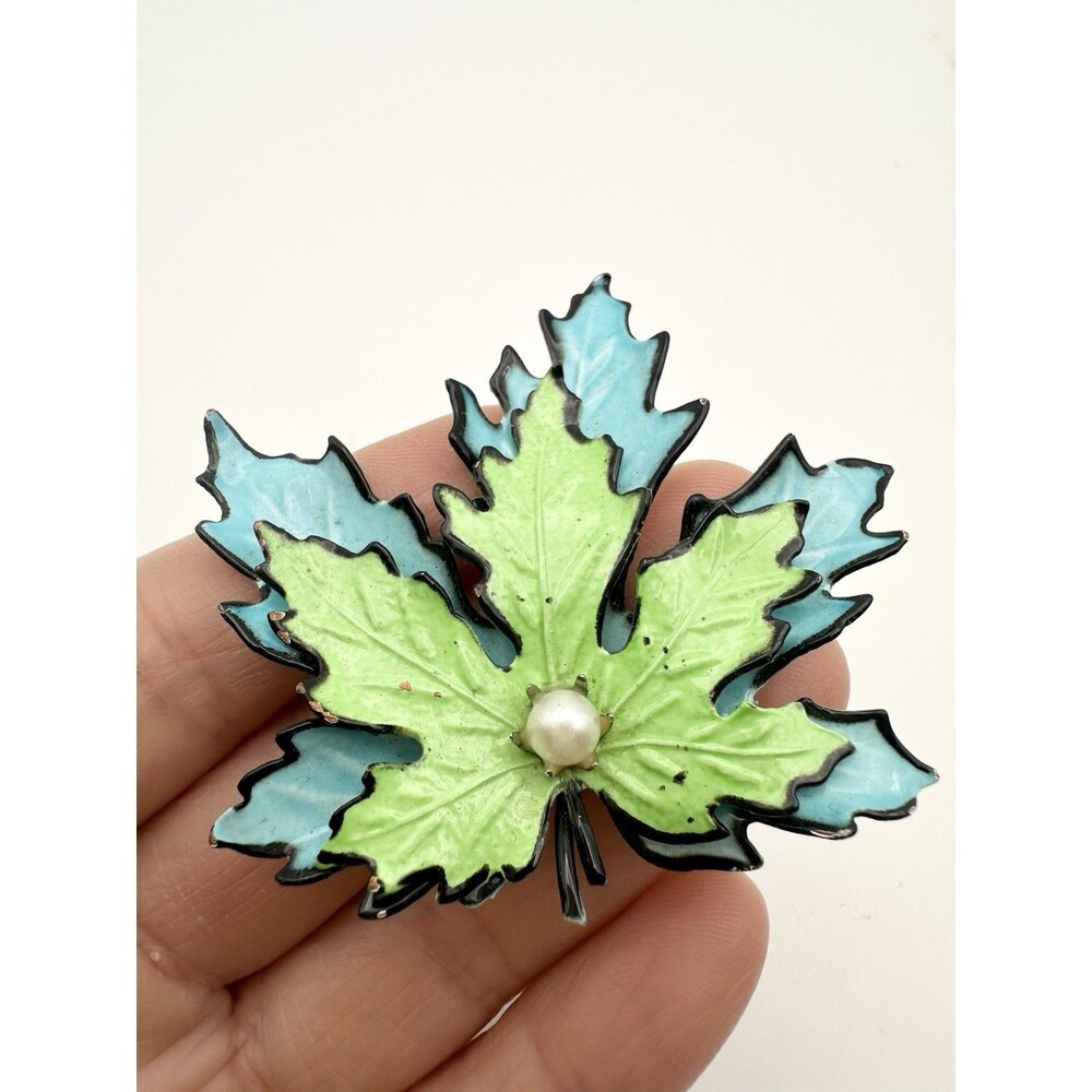 Vintage Blue Green Enamel Maple Leaf Faux Pearl Brooch Pin